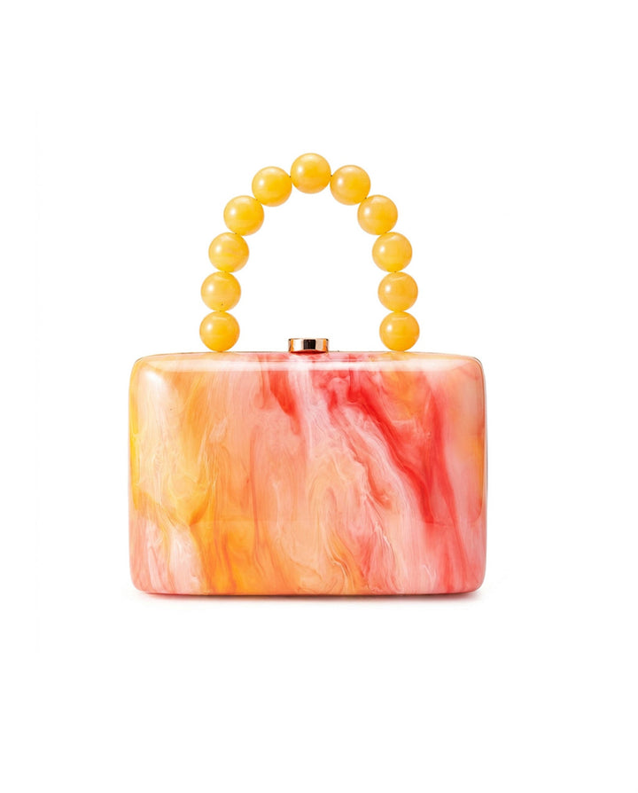 SOLACEPink Orange Marbled Acrylic Round Bead Top Handle Hard Case Clutch Bag