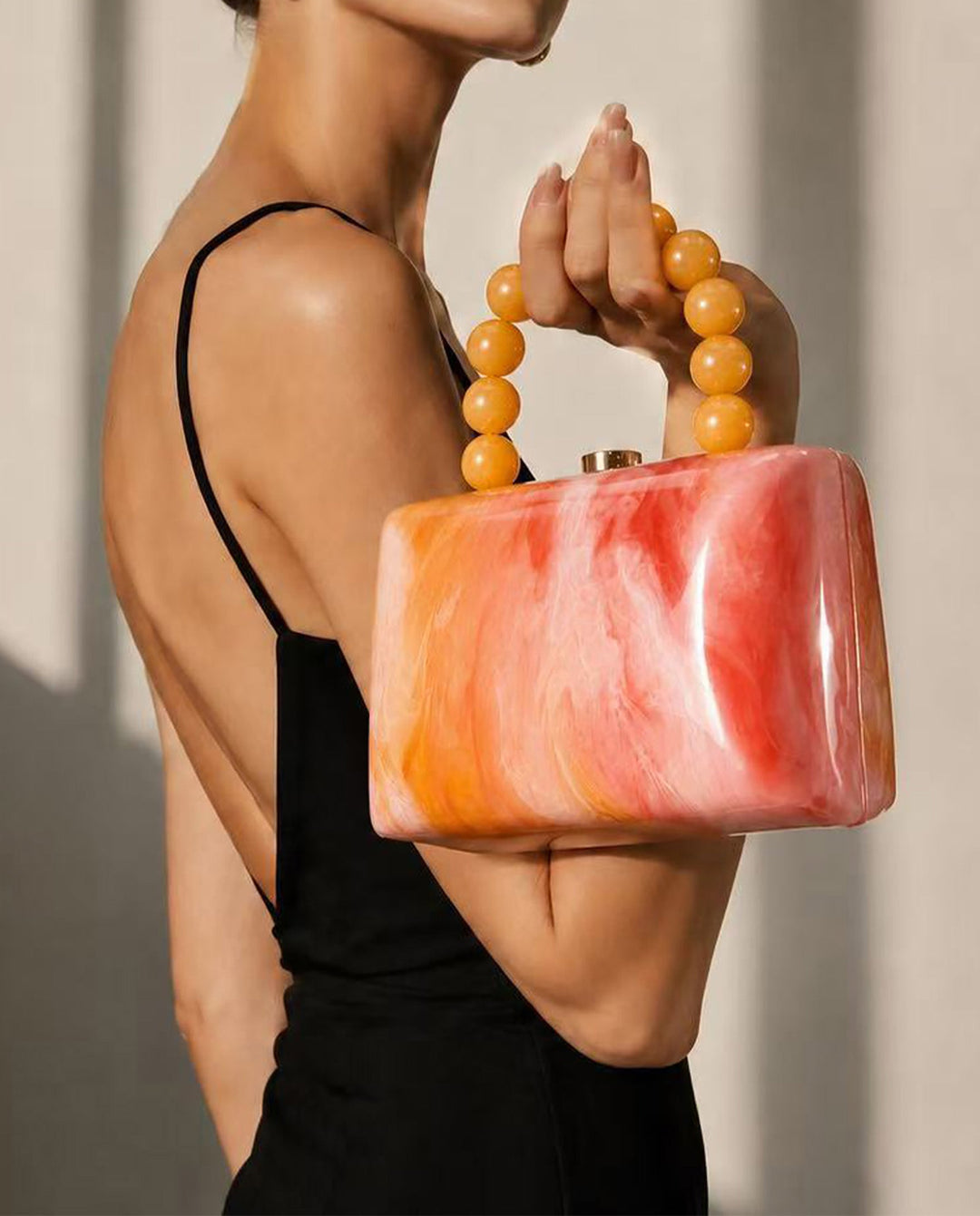 SOLACEPink Orange Marbled Acrylic Round Bead Top Handle Hard Case Clutch Bag