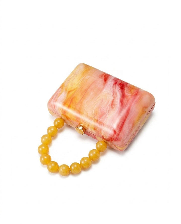 SOLACEPink Orange Marbled Acrylic Round Bead Top Handle Hard Case Clutch Bag