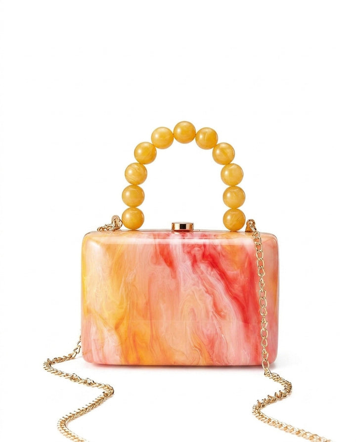 SOLACEPink Orange Marbled Acrylic Round Bead Top Handle Hard Case Clutch Bag