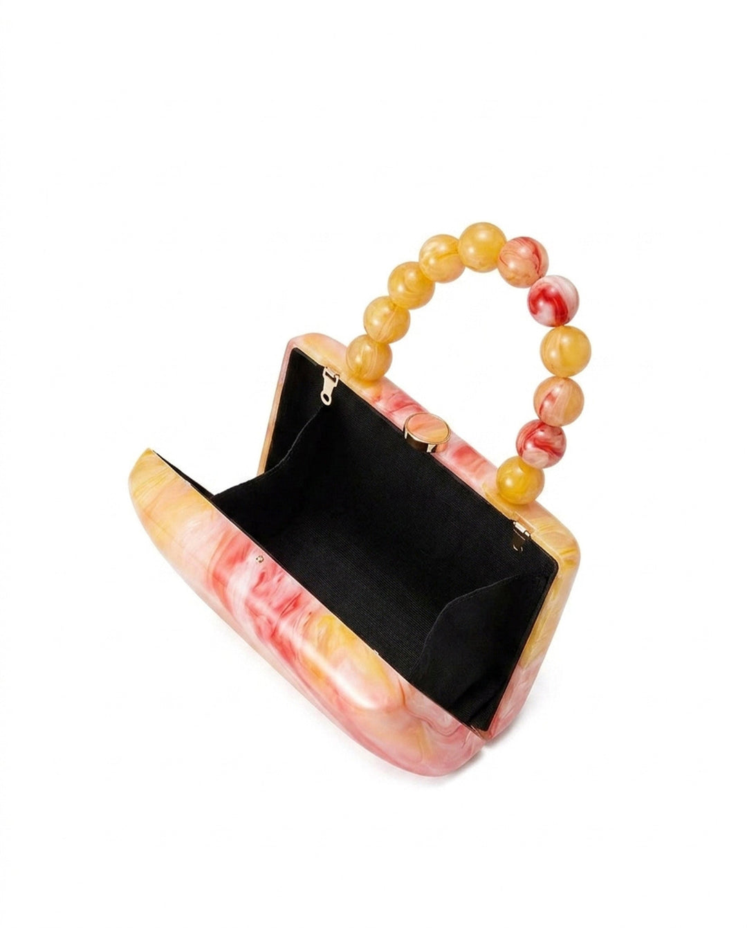 SOLACEPink Orange Marbled Acrylic Round Bead Top Handle Hard Case Clutch Bag