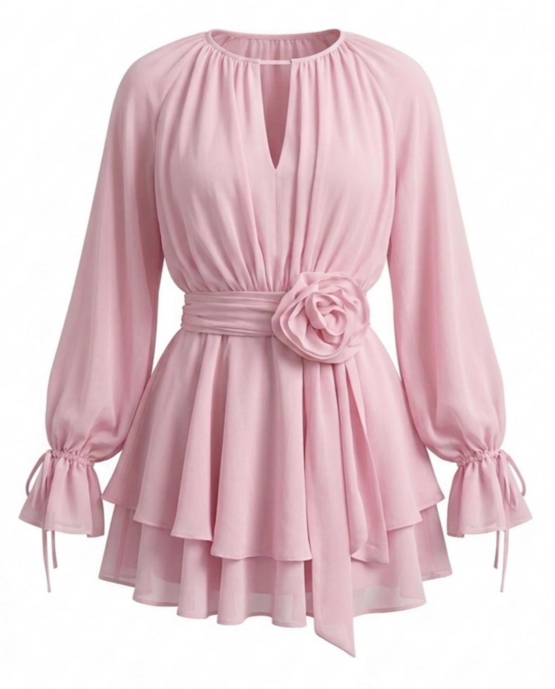 SOLACEPink Rose Waist Chiffon Layered Relaxed Mini Dress