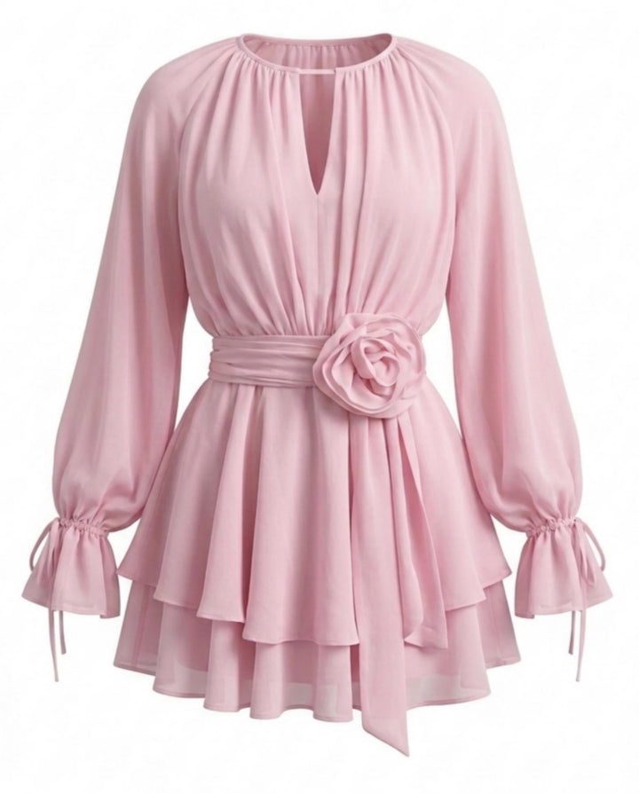 SOLACEPink Rose Waist Chiffon Layered Relaxed Mini Dress