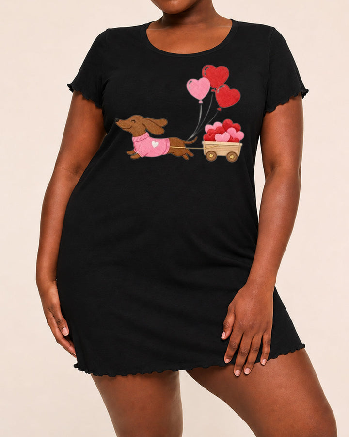SOLACEPink Sweater Dachshund Heart Cart Wagon Print Nightdress (XS-5XL)