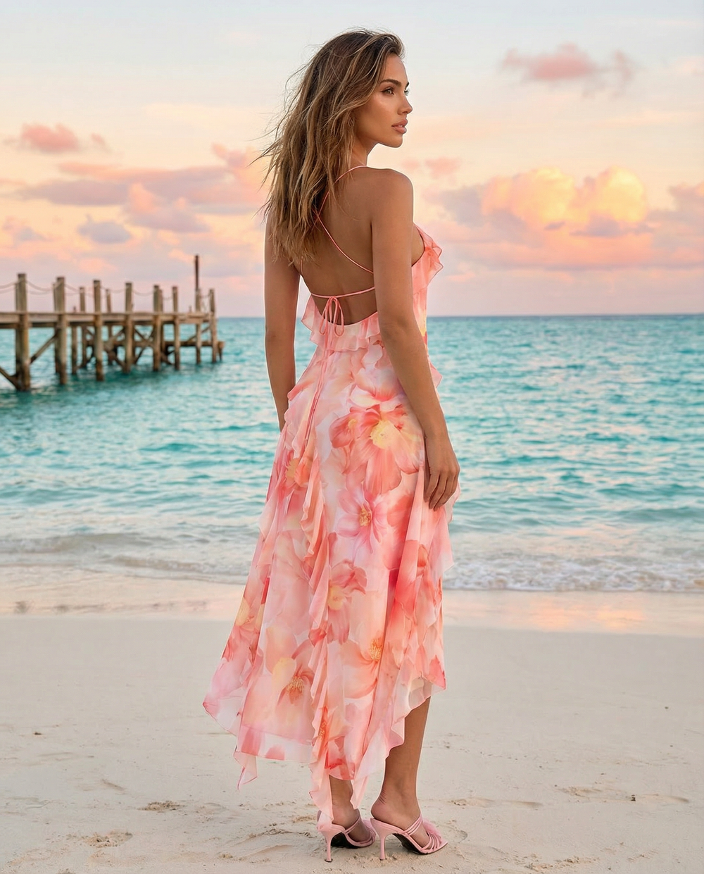 SOLACEPink Watercolor Floral Print Tiered Ruffle Chiffon Maxi Dress