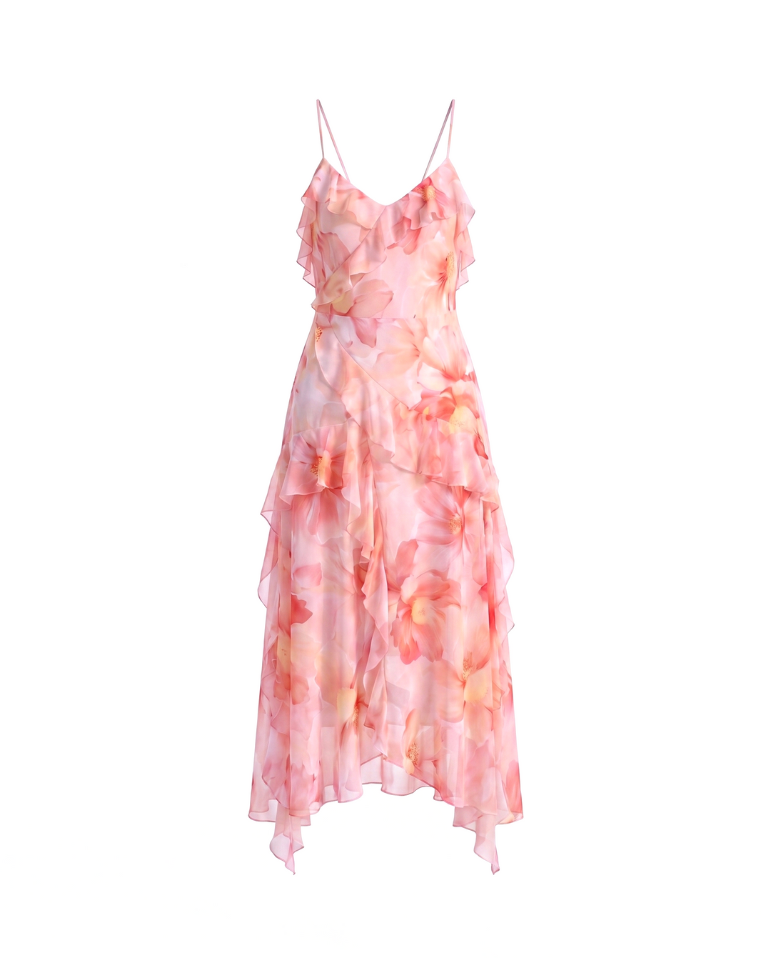 SOLACEPink Watercolor Floral Print Tiered Ruffle Chiffon Maxi Dress