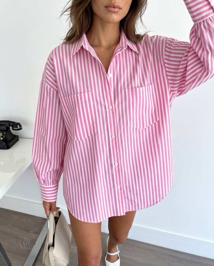 SOLACEPink White Vertical Stripe Collared Oversized Pocket Long Sleeve Shirt