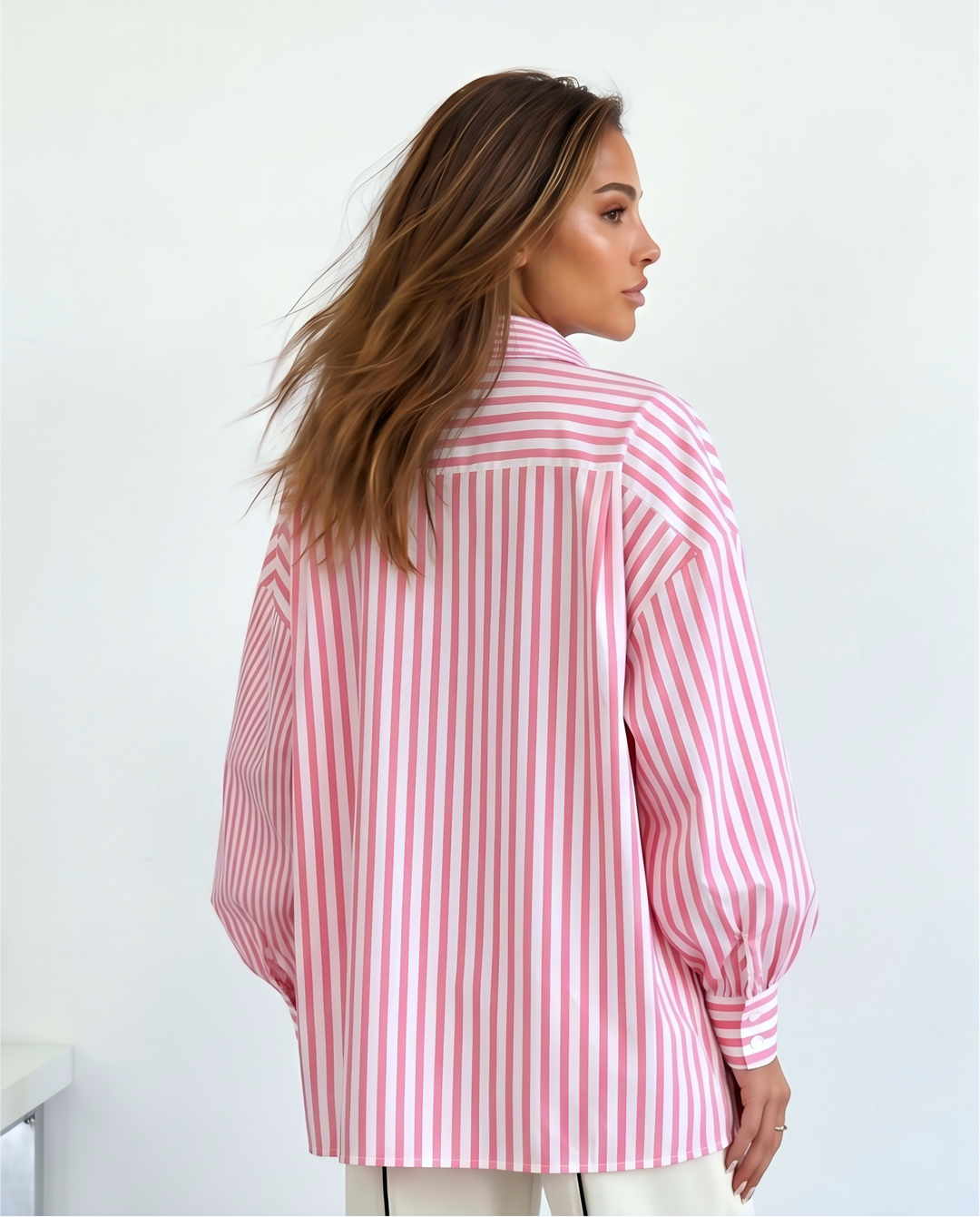 SOLACEPink White Vertical Stripe Collared Oversized Pocket Long Sleeve Shirt