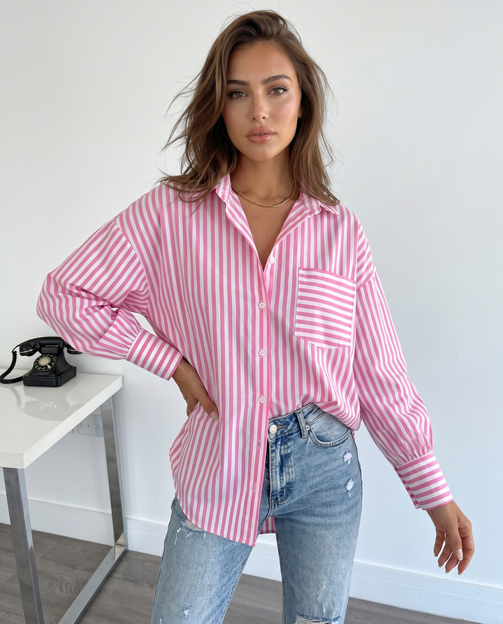 SOLACEPink White Vertical Stripe Collared Oversized Pocket Long Sleeve Shirt