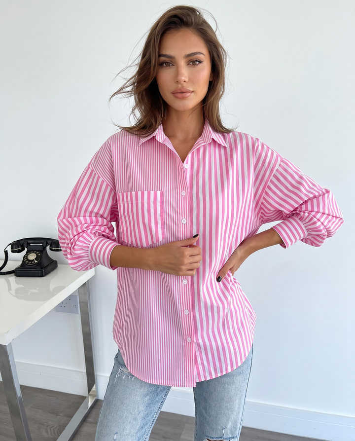 SOLACEPink White Vertical Stripe Collared Oversized Pocket Long Sleeve Shirt