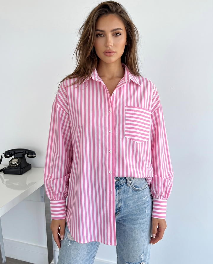 SOLACEPink White Vertical Stripe Collared Oversized Pocket Long Sleeve Shirt