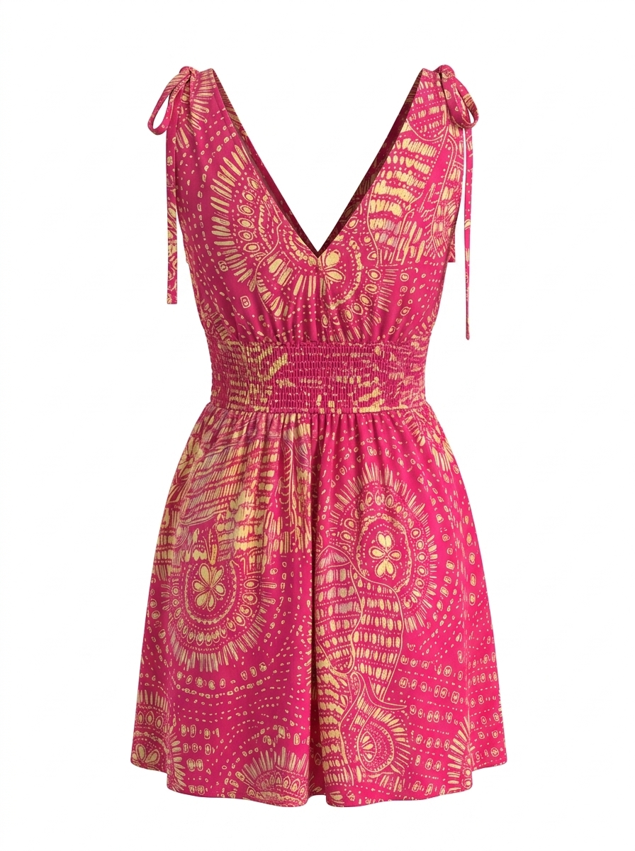 SOLACEPink Yellow Tribal Print Sleeveless Mini Dress
