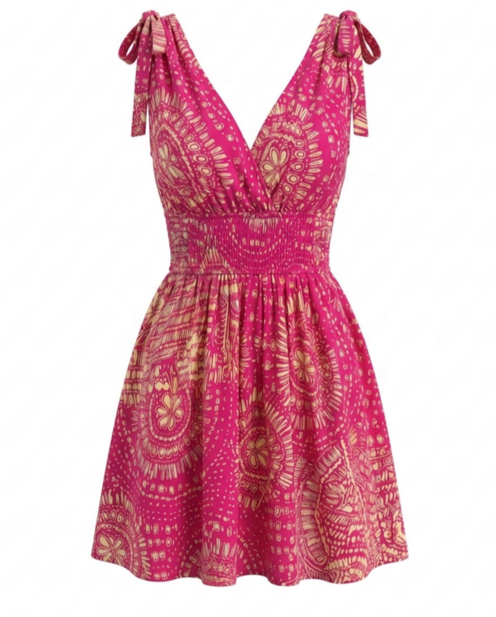 SOLACEPink Yellow Tribal Print Sleeveless Mini Dress