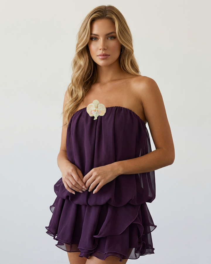SOLACEPlum Purple Strapless 3D Orchid Applique Ruffle Layered Chiffon Mini Dress