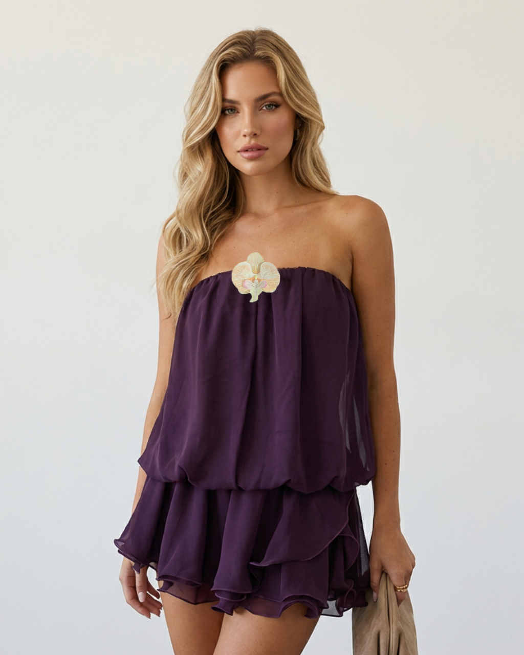 SOLACEPlum Purple Strapless 3D Orchid Applique Ruffle Layered Chiffon Mini Dress