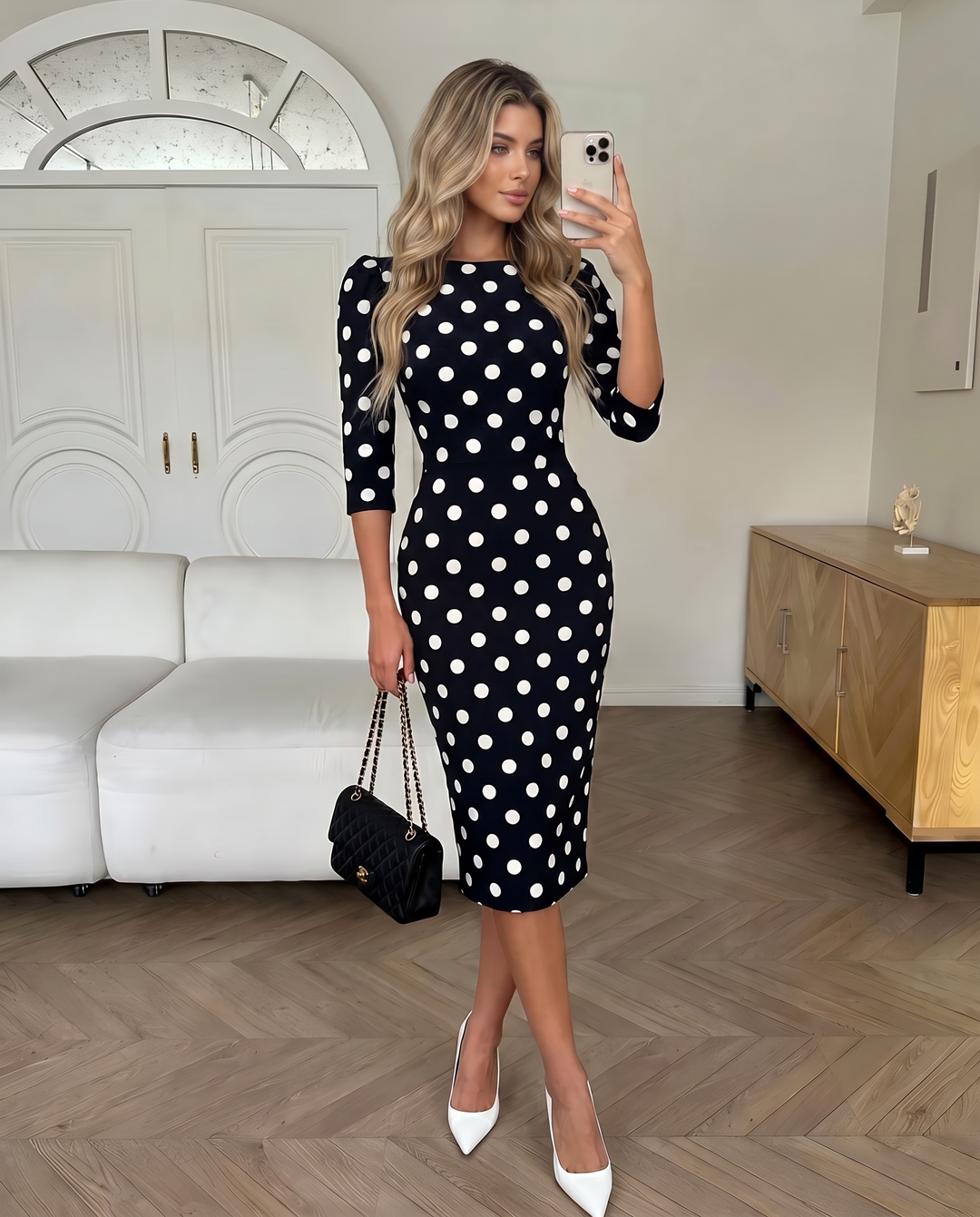 SOLACEPolka Dot 3/4 Sleeve Boat Neck Bodycon Midi Dress