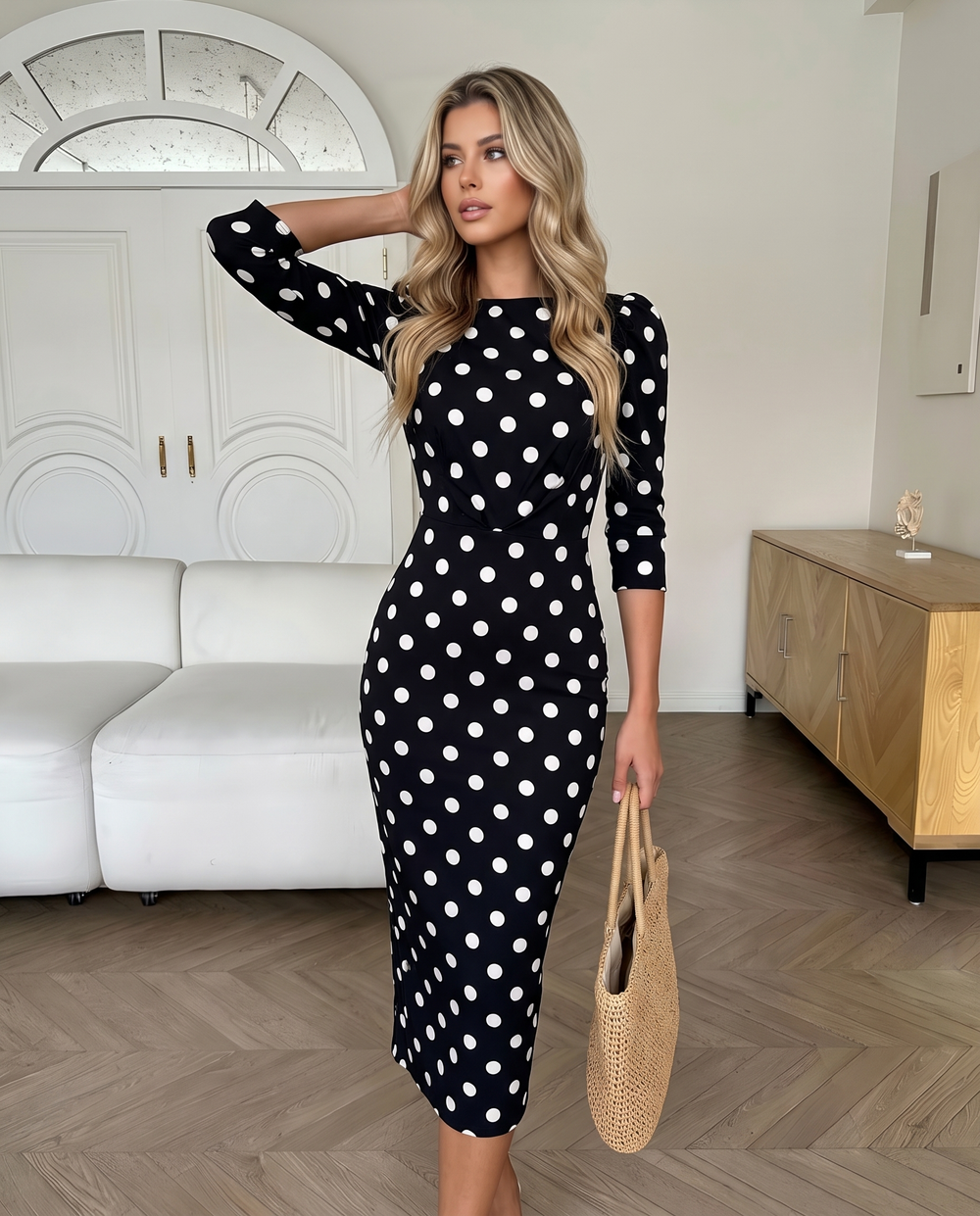 SOLACEPolka Dot 3/4 Sleeve Boat Neck Bodycon Midi Dress