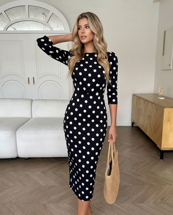 SOLACEPolka Dot 3/4 Sleeve Boat Neck Bodycon Midi Dress