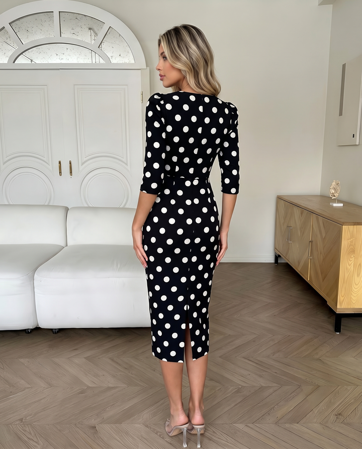 SOLACEPolka Dot 3/4 Sleeve Boat Neck Bodycon Midi Dress