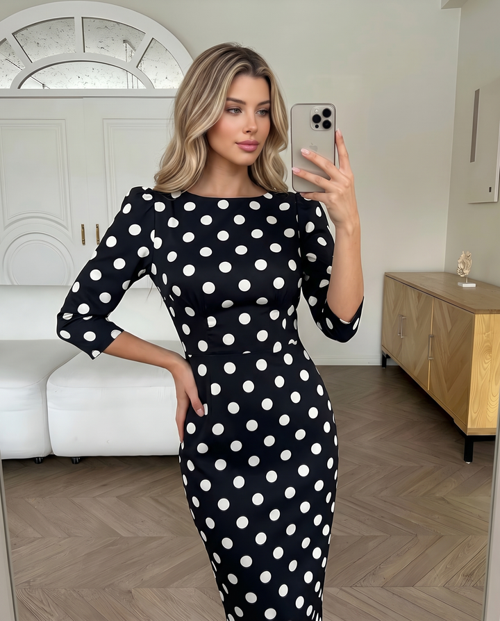 SOLACEPolka Dot 3/4 Sleeve Boat Neck Bodycon Midi Dress