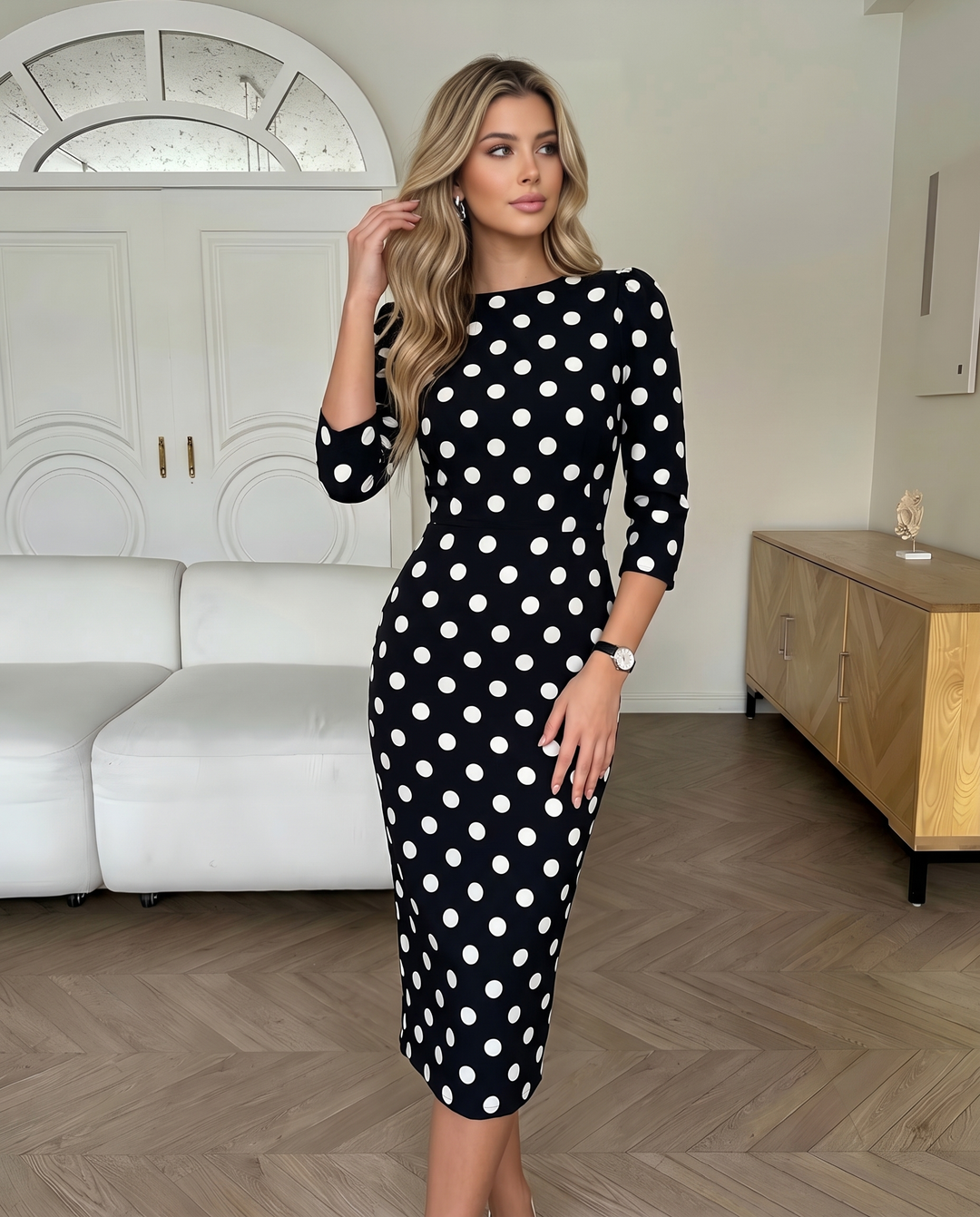 SOLACEPolka Dot 3/4 Sleeve Boat Neck Bodycon Midi Dress
