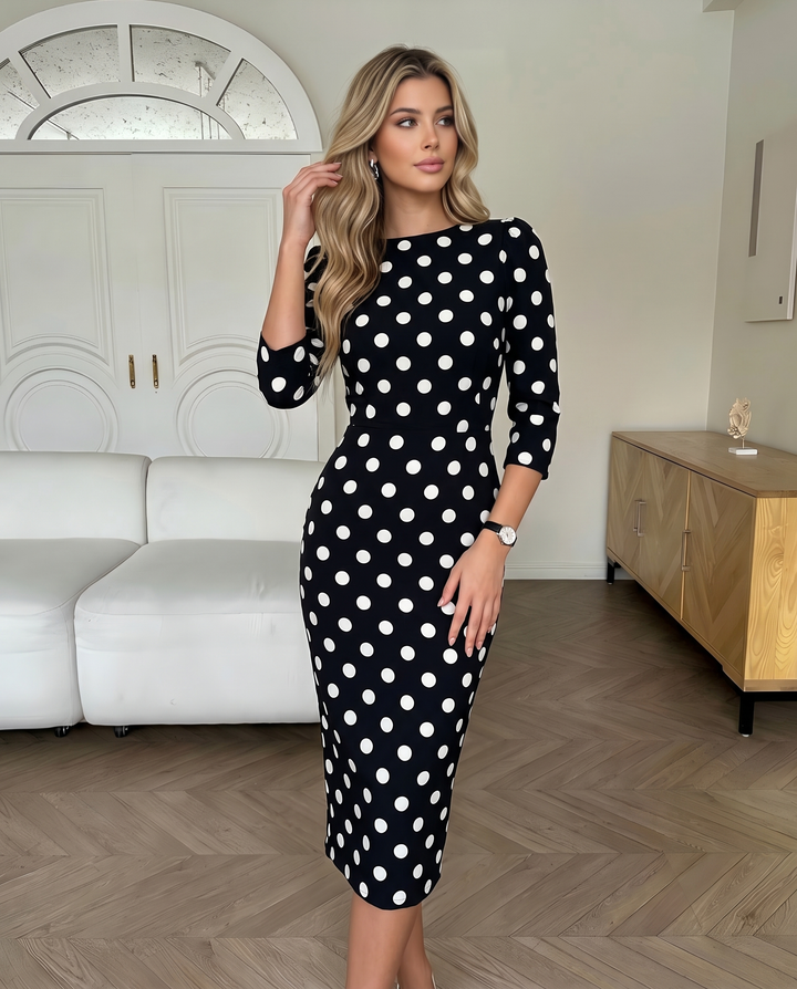 SOLACEPolka Dot 3/4 Sleeve Boat Neck Bodycon Midi Dress