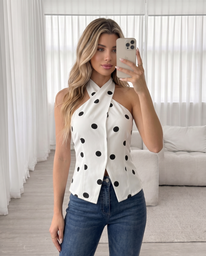 SOLACEPolka Dot Halter Neck Sleeveless Blouse