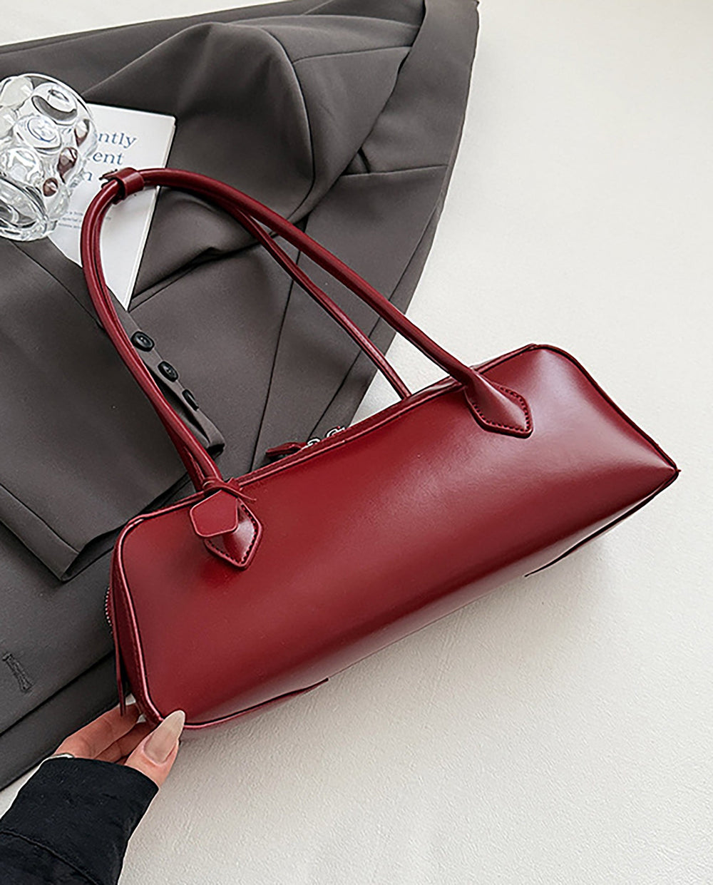 SOLACERed Faux Leather Long Thin Handle Zipper Rectangular Mini Shoulder Bar Bag