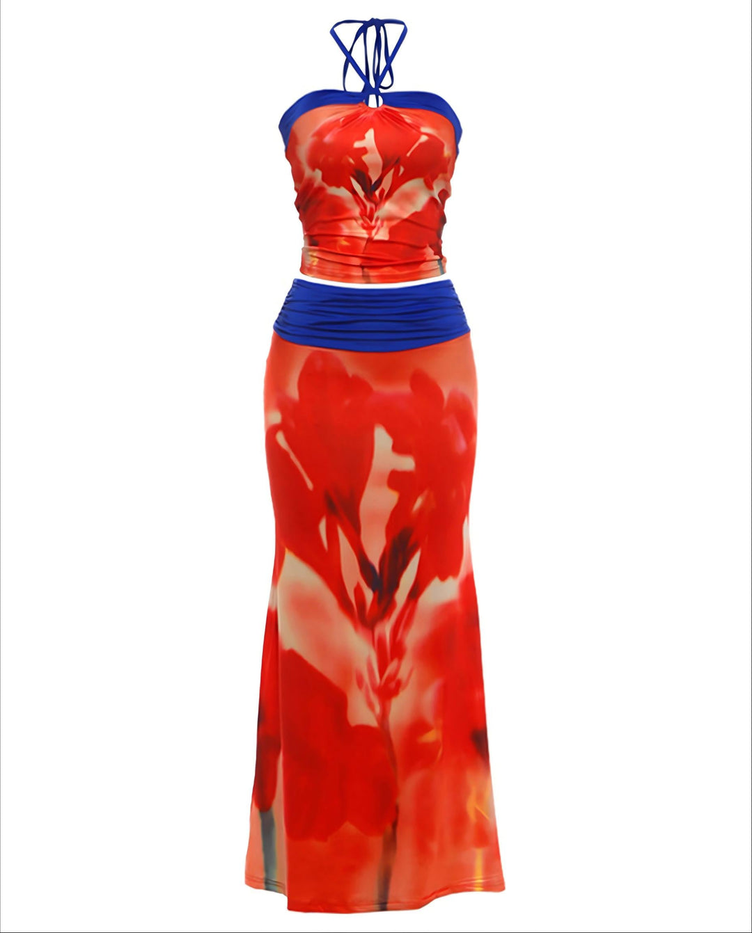 SOLACERed Floral Print Colorblock Milk Silk Cropped Halter Top And Maxi Skirt Set