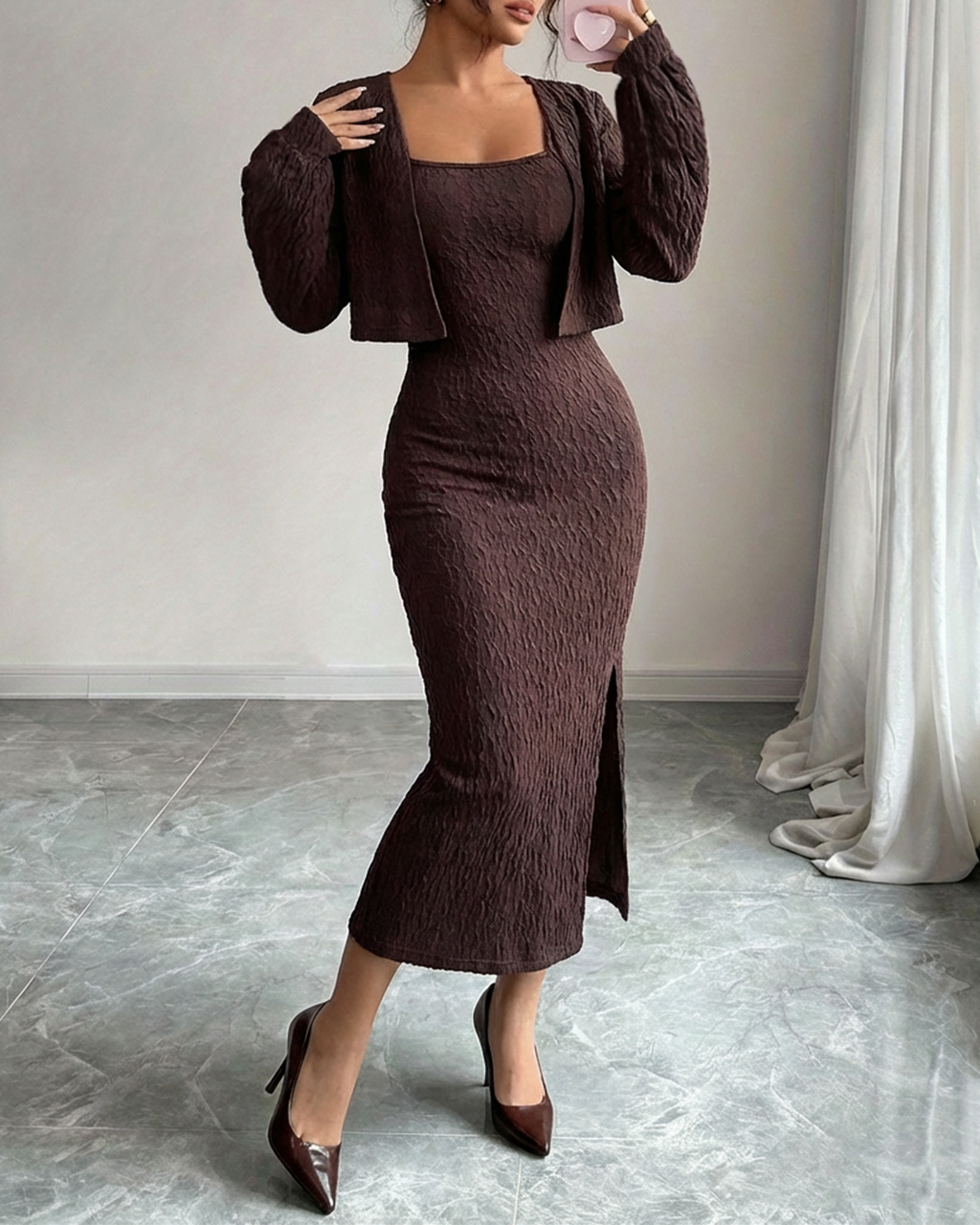 Chocolate Brown Textured Bodycon Dress & Crop Cardigan 2-Piece Set SOLACE