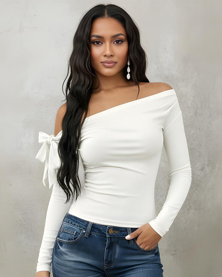 White Off Shoulder Bow Pleated Top SOLACE