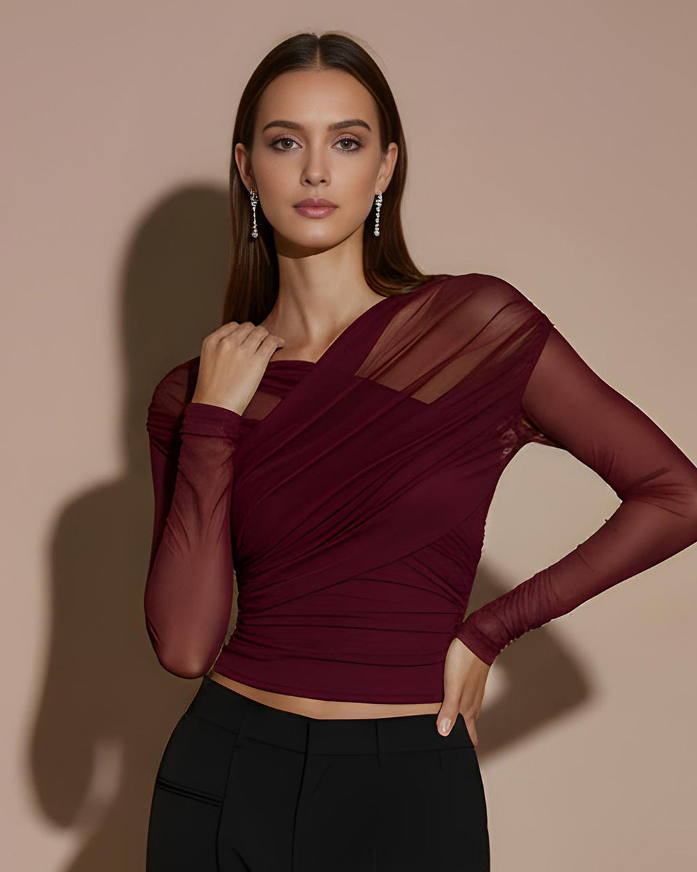 Sheer Mesh Ruched Long-Sleeve Crop Top SOLACE