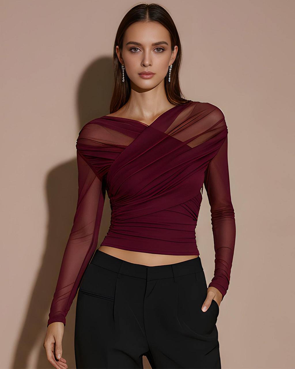 Sheer Mesh Ruched Long-Sleeve Crop Top SOLACE