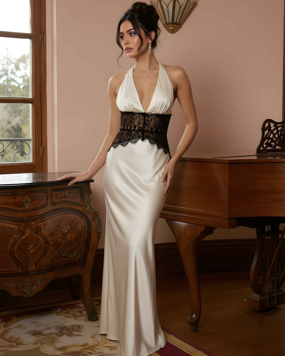 Lace Paneled Satin Halter Backless Maxi Dress SOLACE