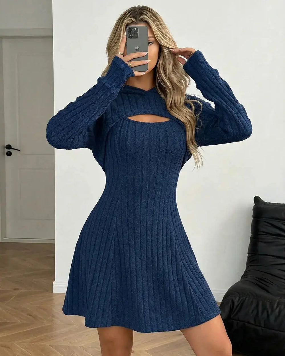 Navy Ribbed 2-Piece Hooded Mini Dress Set SOLACE