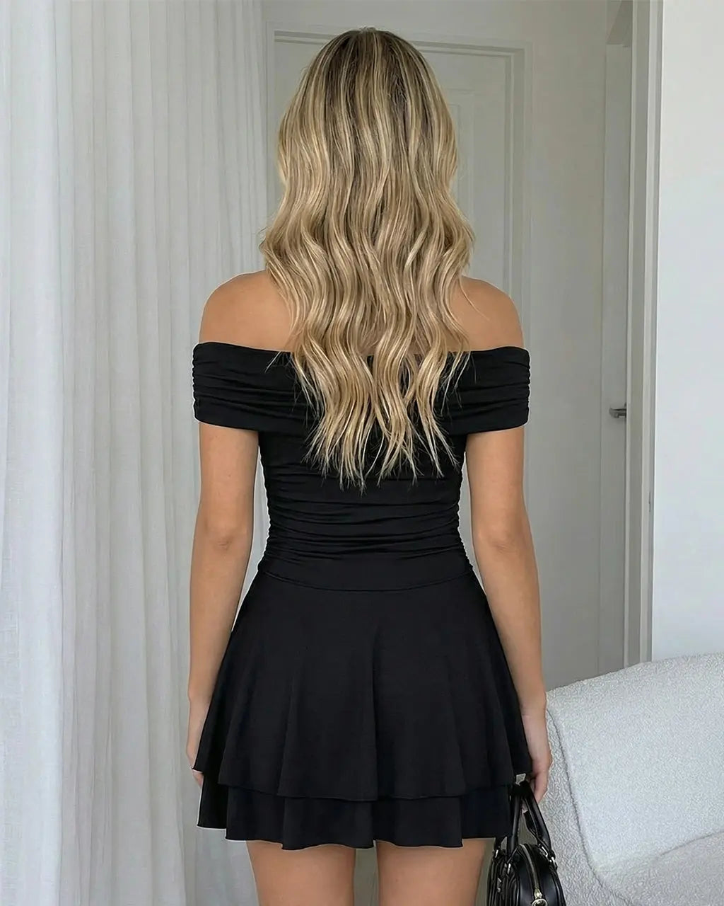 Black Off-Shoulder Layered Ruffle Hem Ruched Mini Dress SOLACE