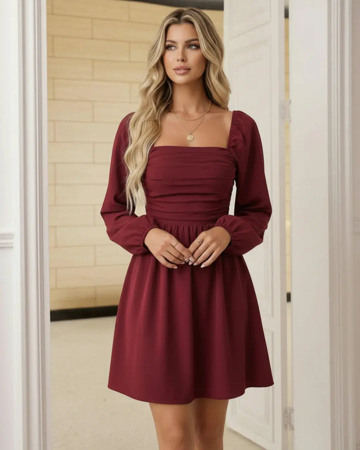 Burgundy Square Neck Puff Sleeve Mini Dress SOLACE