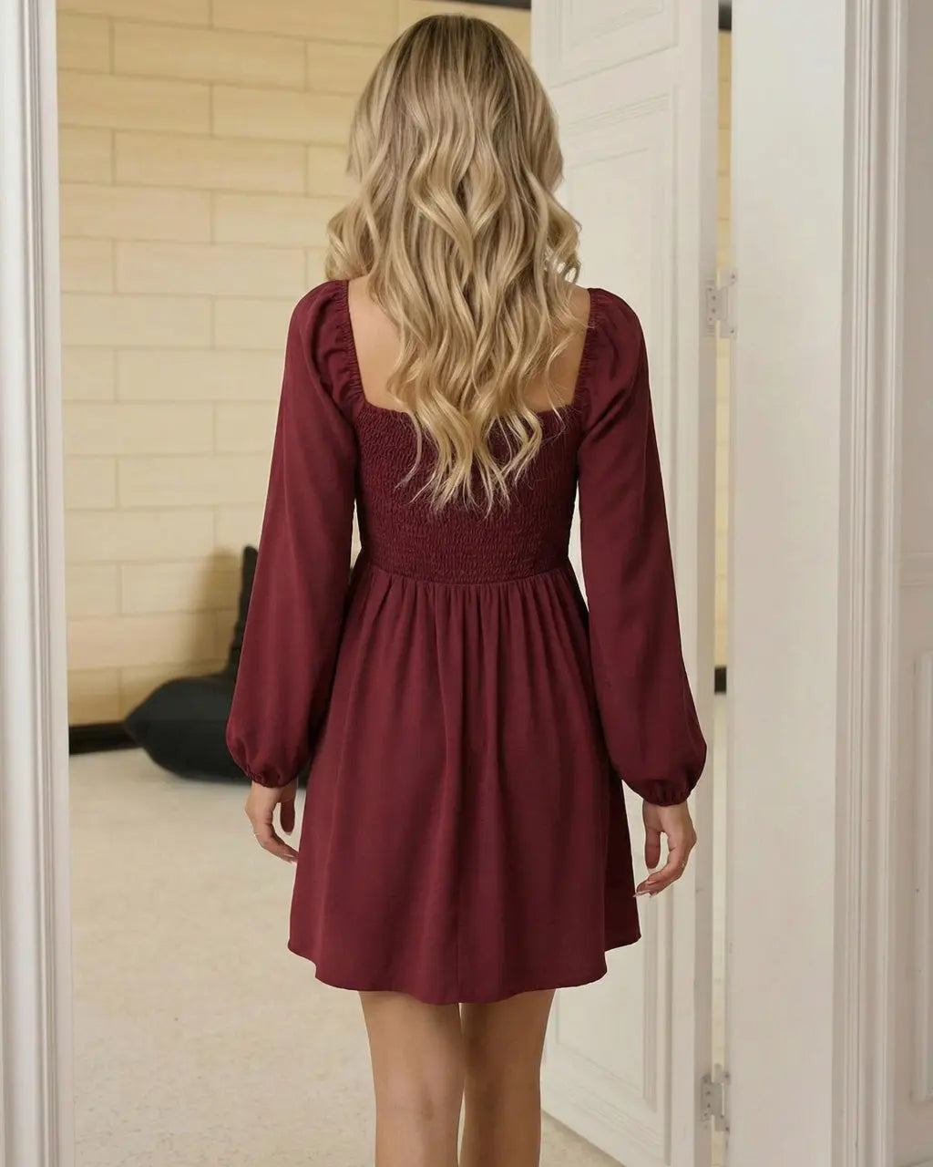 Burgundy Square Neck Puff Sleeve Mini Dress SOLACE