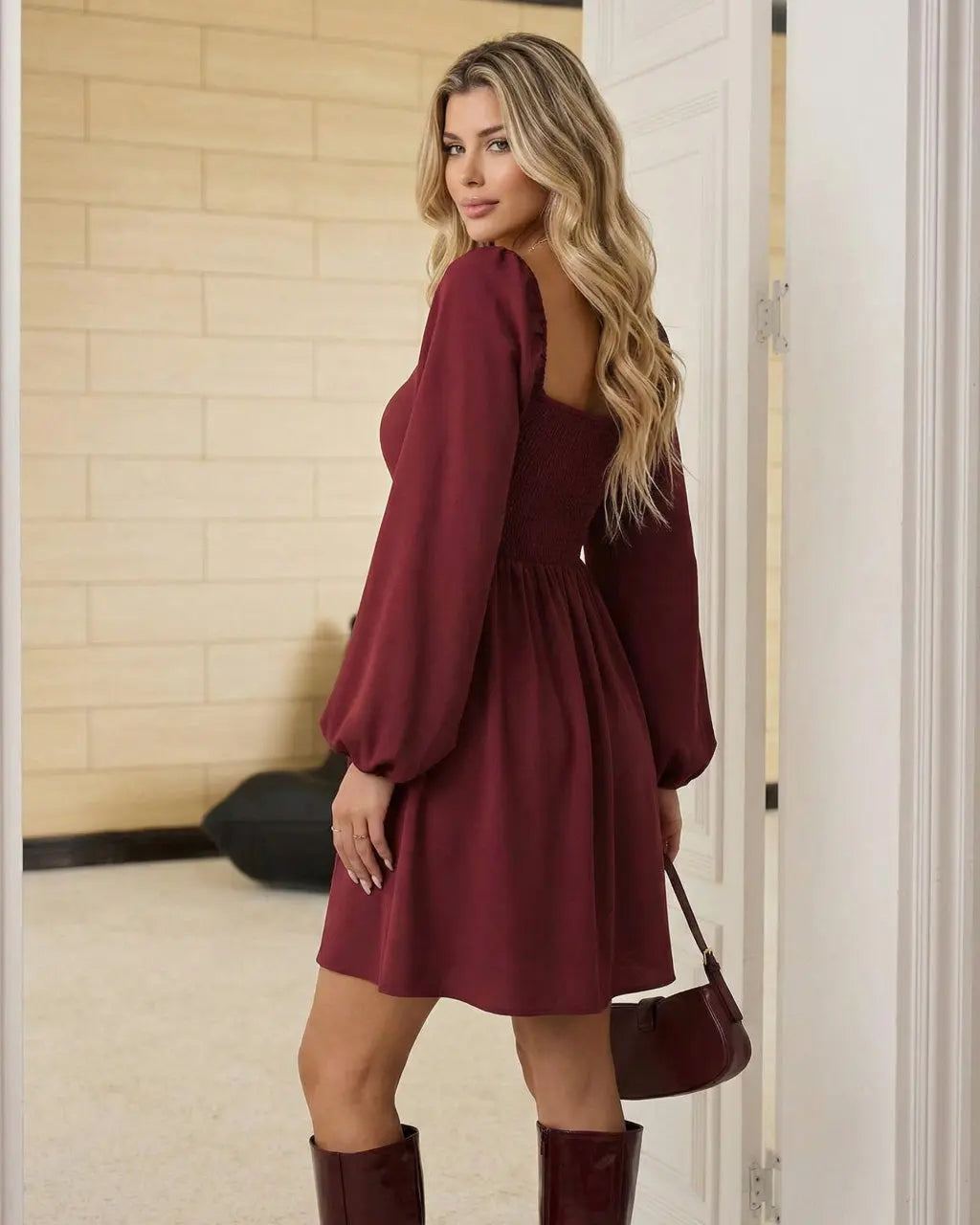 Burgundy Square Neck Puff Sleeve Mini Dress SOLACE