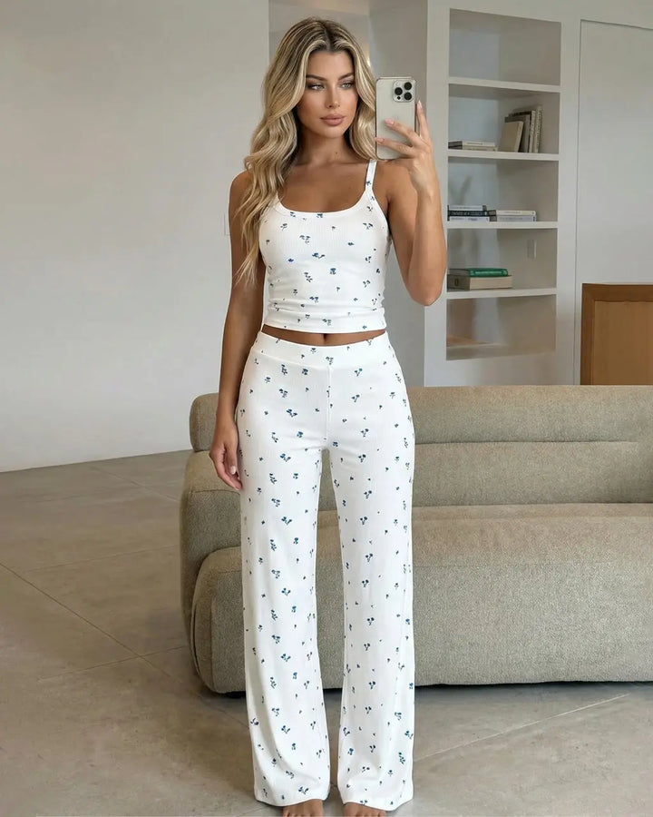 White Floral Print Cami Top And Wide Leg Pants Set SOLACE