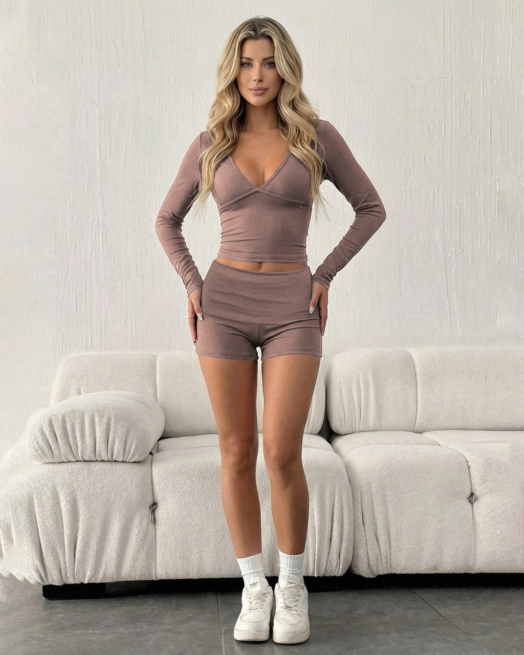 Brown V-Neck Cropped Top And Shorts Set SOLACE