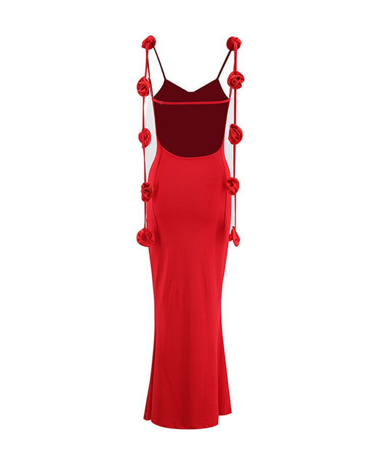 Red Satin Spaghetti Strap Maxi Dress With Rose Accents