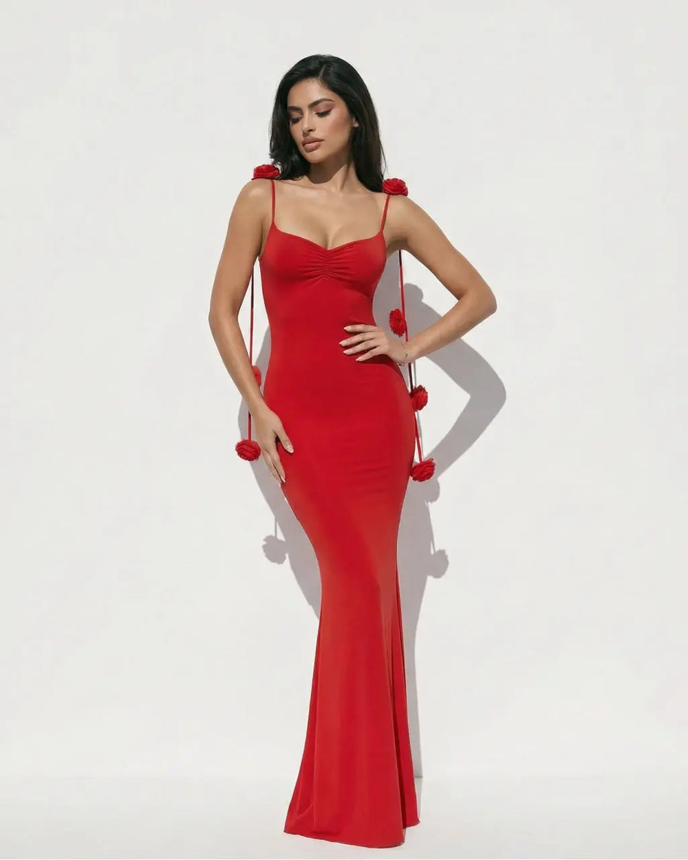 Red Satin Spaghetti Strap Maxi Dress With Rose Accents SOLACE