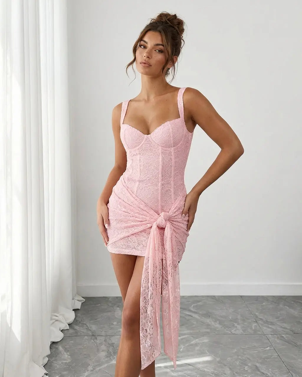 Pink Lace Sleeveless Sweetheart Neck Ruched Mini Dress SOLACE