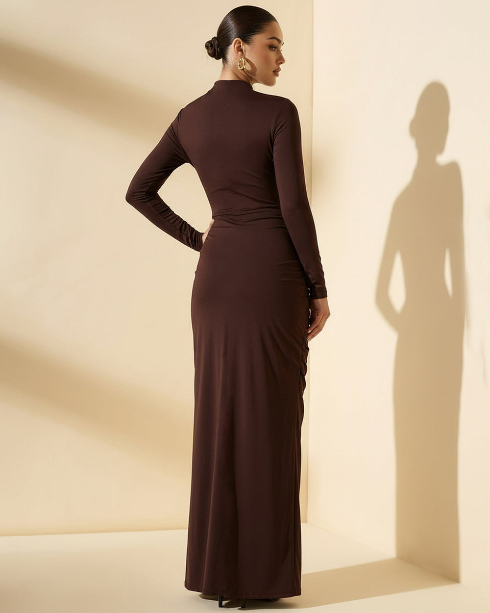 Brown Mock Neck Ruched Maxi Dress With Metal SOLACE