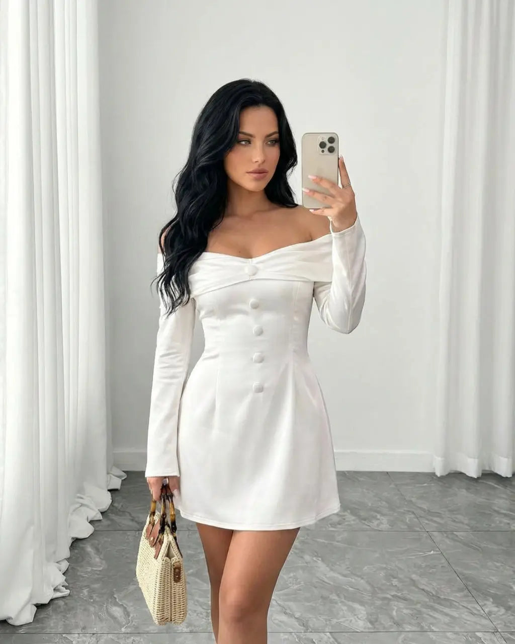 White Off-Shoulder Satin Mini Dress With Button SOLACE