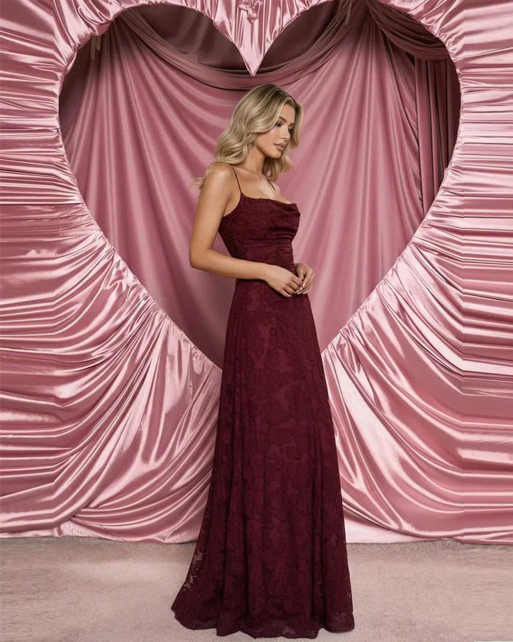 Wine Red Floral Lace Up Backless Maxi Dress SOLACE