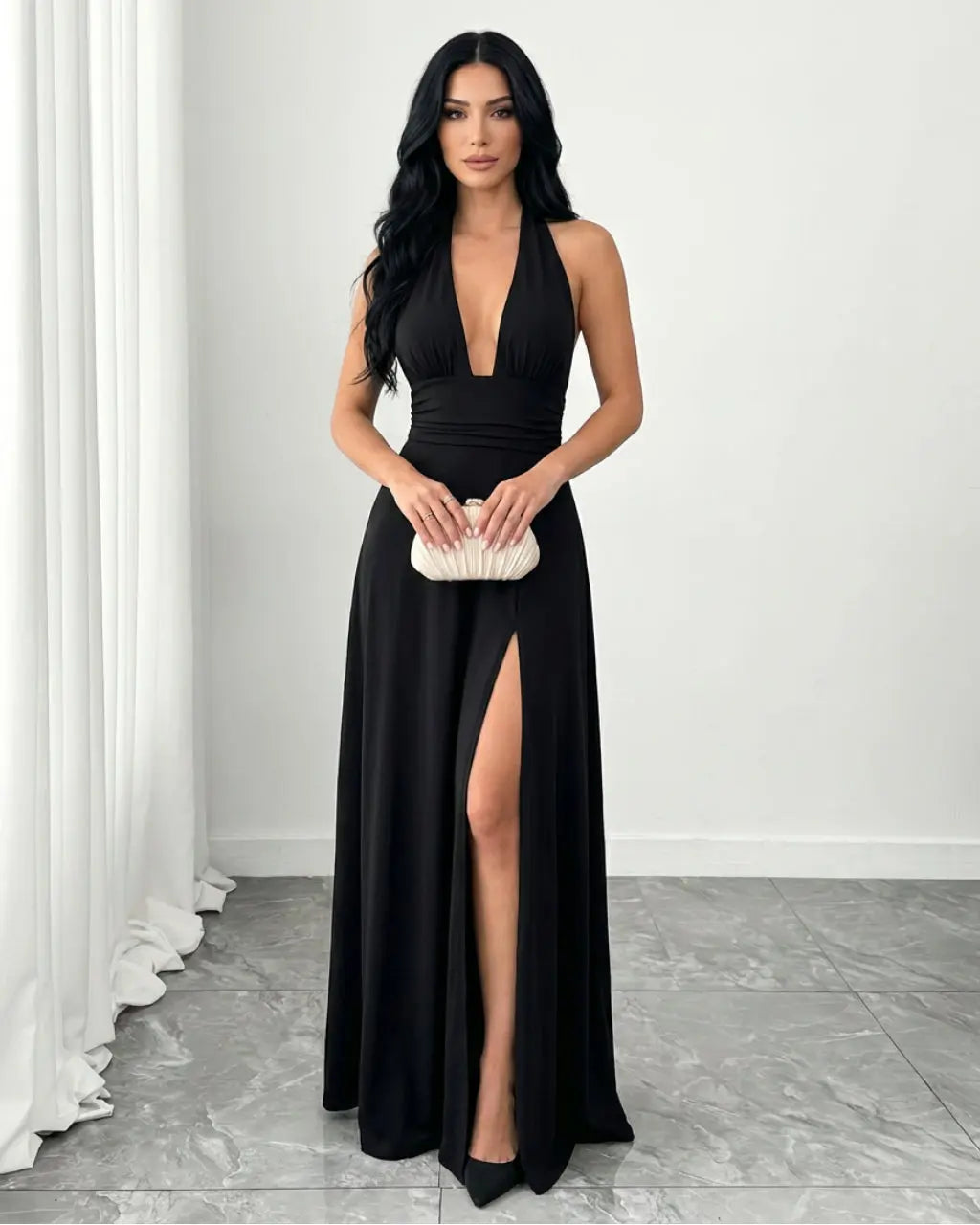 Black Deep V Halter High Slit Maxi Dress SOLACE