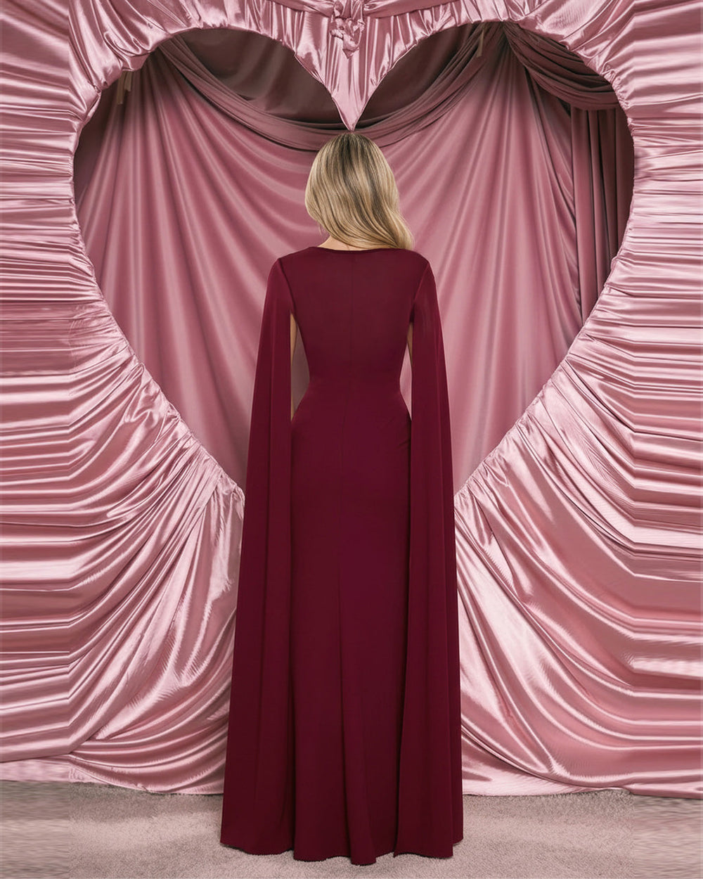 Burgundy Floor-Length Cape Sleeves Maxi Dress SOLACE