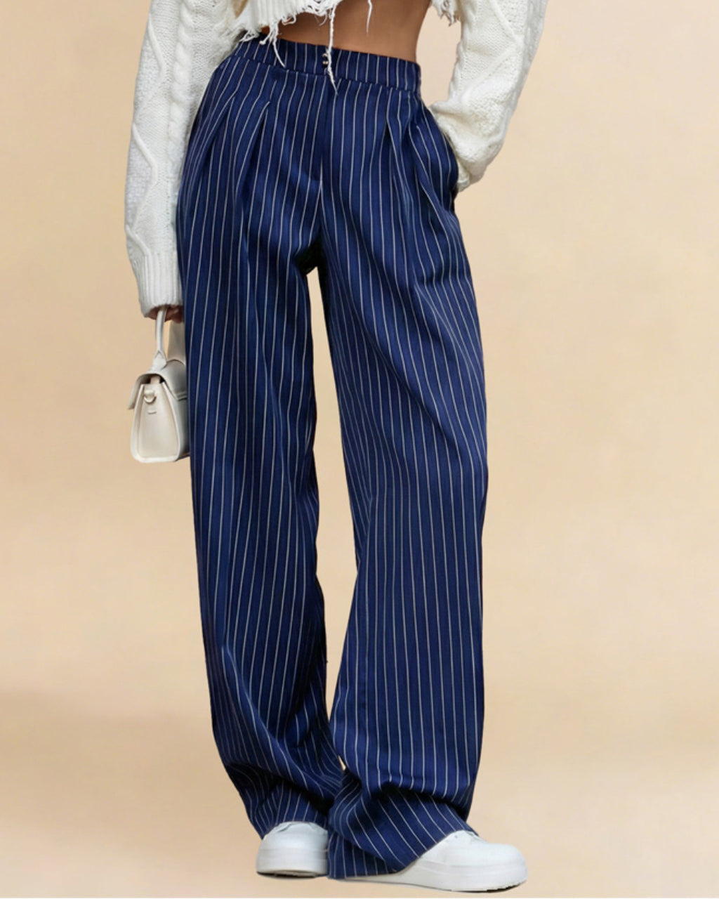 Blue And White Pinstripe High-Waisted Wide-Leg Pants SOLACE